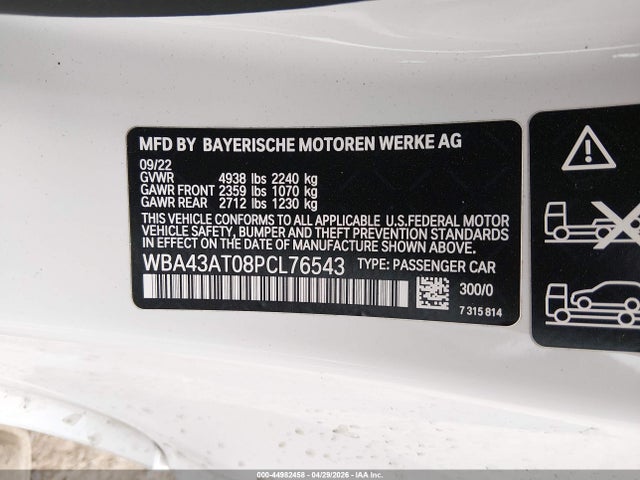 Aukcja sprzedaży 2023 Bmw 430i Xdrive, vin: WBA43AT08PCL76543, numer aukcji: 44982458