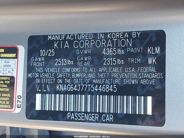 Aukcja sprzedaży 2026 Kia K5 Gt-line Fwd, vin: KNAG64J77T5446845, numer aukcji: 44982466