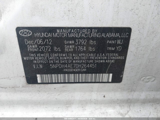 Aukcja sprzedaży 2013 Hyundai Elantra Gls, vin: 5NPDH4AE7DH264451, numer aukcji: 44982471