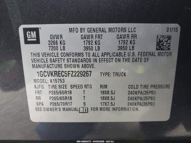 1GCVKREC5FZ229267 Chevrolet Silverado 1500 1lt