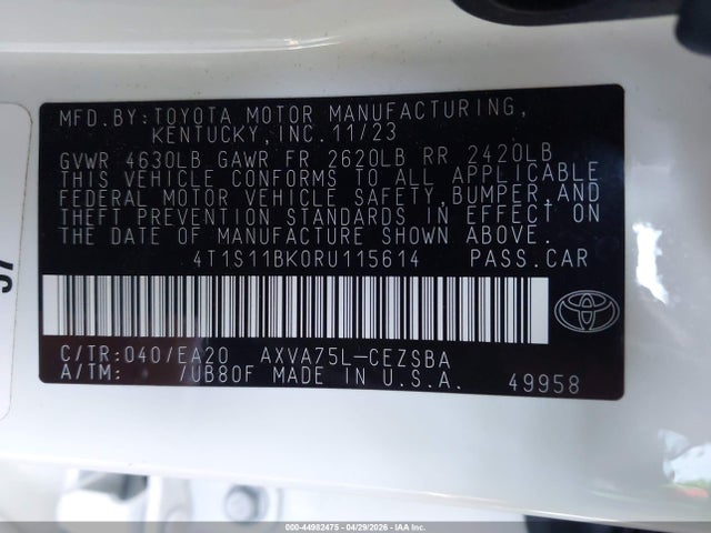 44982475 :رقم المزاد ، 4T1S11BK0RU115614 vin ، 2024 Toyota Camry Se مزاد بيع