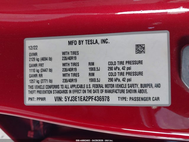 Продаж на аукціоні авто 2023 Tesla Model 3 Rear-wheel Drive, vin: 5YJ3E1EA2PF436978, номер лоту: 44982483