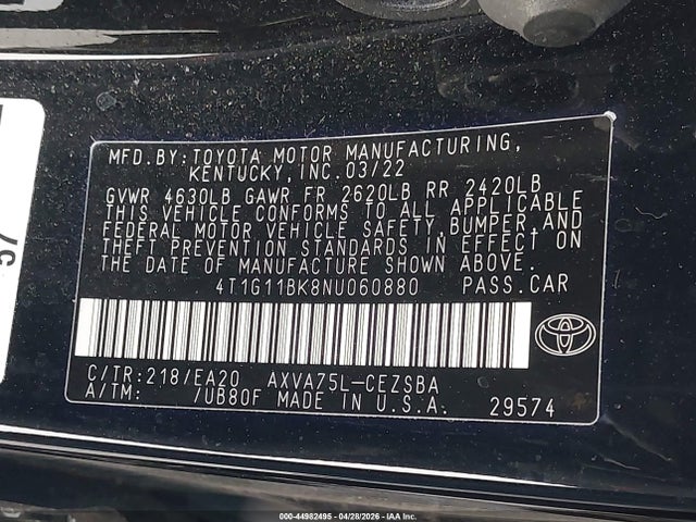4T1G11BK8NU060880 Toyota Camry Se Awd