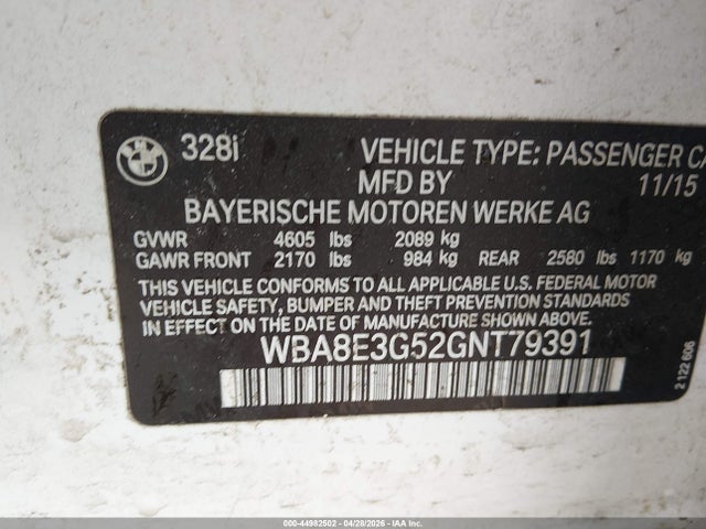 Aukcja sprzedaży 2016 Bmw 328i Xdrive, vin: WBA8E3G52GNT79391, numer aukcji: 44982502