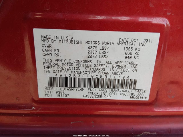 2012 Mitsubishi Galant Es/se მანქანა იყიდება აუქციონზე, vin: 4A32B3FF0CE011794, აუქციონის ნომერი: 44982547