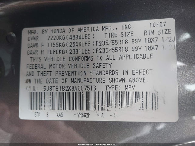 44982559 :رقم المزاد ، 5J8TB182X8A007516 vin ، 2008 Acura Rdx مزاد بيع