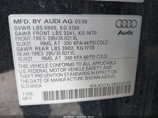 44982577 :رقم المزاد ، WA1EV74LX8D055767 vin ، 2008 Audi Q7 4.2 Premium مزاد بيع