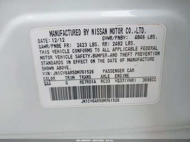 2013 Infiniti G37x მანქანა იყიდება აუქციონზე, vin: JN1CV6AR5DM761526, აუქციონის ნომერი: 44982593