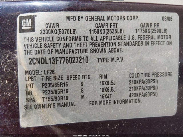 Продаж на аукціоні авто 2007 Chevrolet Equinox Ls, vin: 2CNDL13F776027210, номер лоту: 44982599