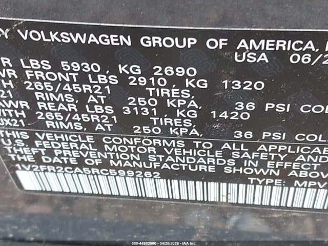 Продажа на аукционе авто 2024 Volkswagen Atlas 2.0t Sel Premium R-line, vin: 1V2FR2CA5RC599262, номер лота: 44982600