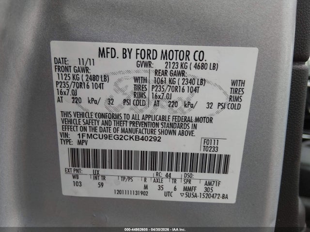44982605 :رقم المزاد ، 1FMCU9EG2CKB40292 vin ، 2012 Ford Escape Limited مزاد بيع