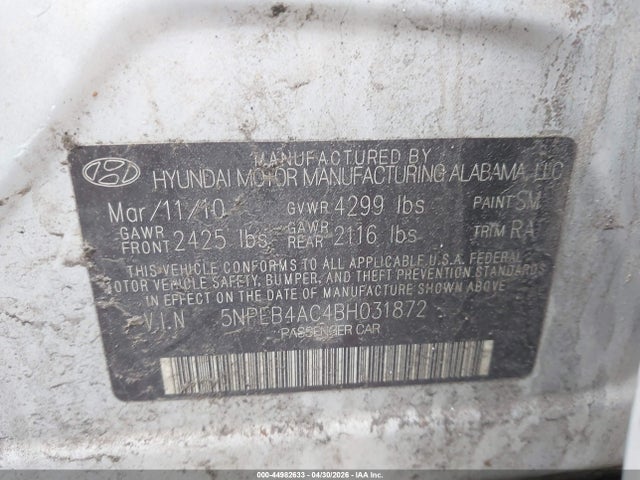 44982633 :رقم المزاد ، 5NPEB4AC4BH031872 vin ، 2011 Hyundai Sonata Gls مزاد بيع