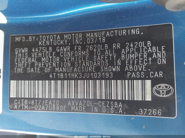 Aukcja sprzedaży 2018 Toyota Camry Se, vin: 4T1B11HK3JU103193, numer aukcji: 44982637