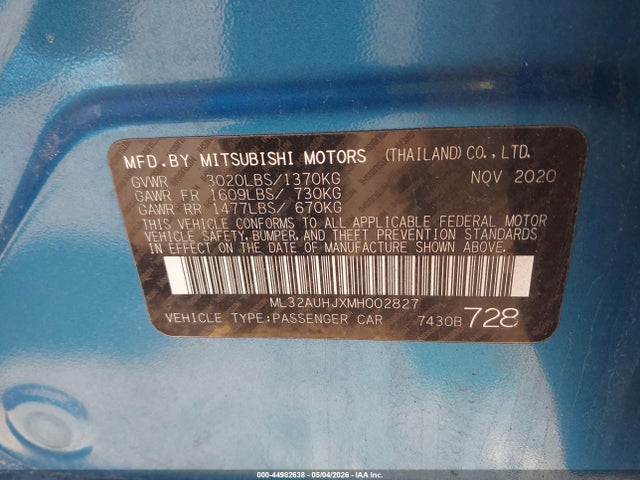 Aukcja sprzedaży 2021 Mitsubishi Mirage Carbonite Edition/es/le, vin: ML32AUHJXMH002827, numer aukcji: 44982638