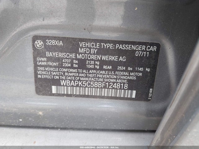 Продажа на аукционе авто 2011 Bmw 328i Xdrive, vin: WBAPK5C58BF124818, номер лота: 44982644