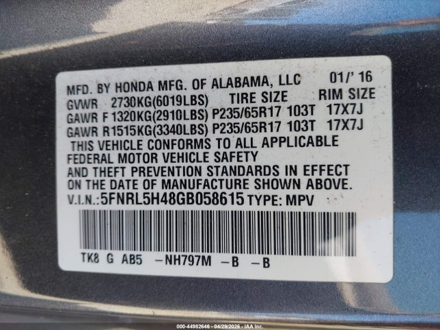5FNRL5H48GB058615 Honda ODYSSEY EX