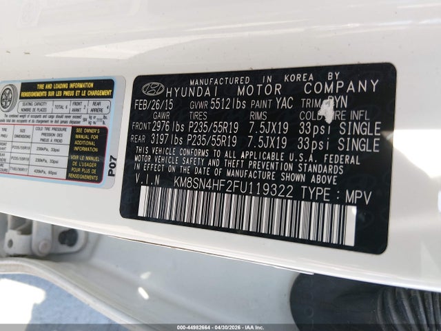2015 Hyundai Santa Fe Limited მანქანა იყიდება აუქციონზე, vin: KM8SN4HF2FU119322, აუქციონის ნომერი: 44982664