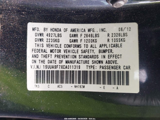 2012 Acura Tl 3.7 მანქანა იყიდება აუქციონზე, vin: 19UUA9F7XCA011319, აუქციონის ნომერი: 44982666