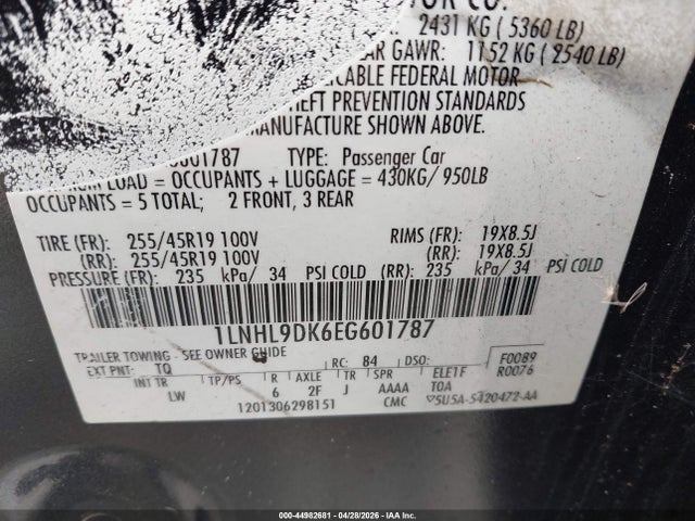 44982681 :رقم المزاد ، 1LNHL9DK6EG601787 vin ، 2014 Lincoln Mks مزاد بيع