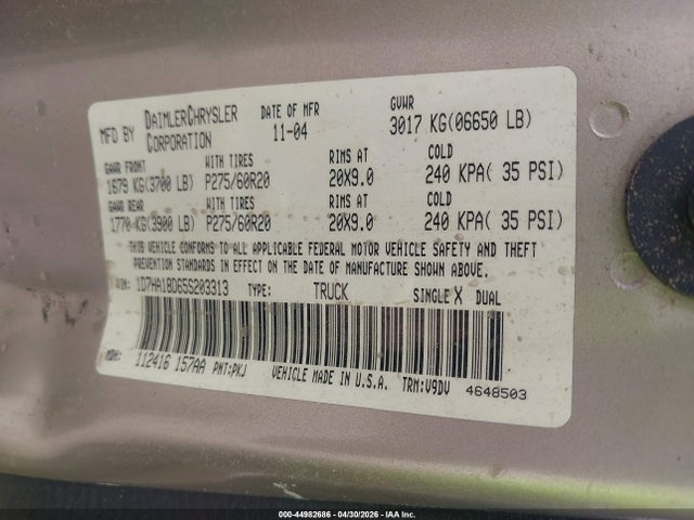 Aukcja sprzedaży 2005 Dodge Ram 1500 Slt/laramie, vin: 1D7HA18D65S203313, numer aukcji: 44982686