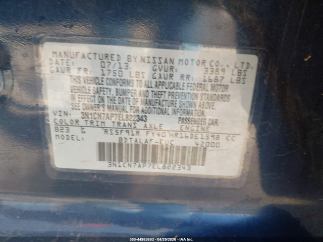 Продажа на аукционе авто 2014 Nissan Versa 1.6 S, vin: 3N1CN7AP7EL822343, номер лота: 44982693