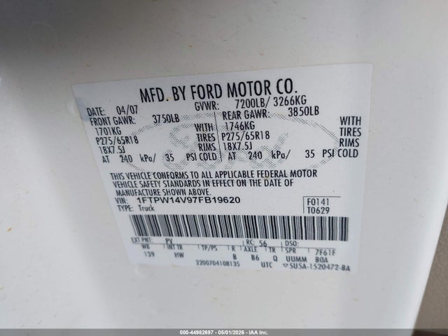Aukcja sprzedaży 2007 Ford F-150 Fx4/lariat/xlt, vin: 1FTPW14V97FB19620, numer aukcji: 44982697