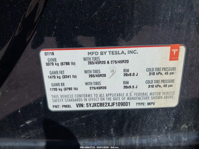 Продаж на аукціоні авто 2018 Tesla Model X 100d/75d/p100d, vin: 5YJXCBE2XJF109001, номер лоту: 44982723