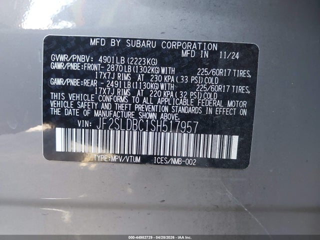2025 Subaru Forester Premium მანქანა იყიდება აუქციონზე, vin: JF2SLDBC1SH517957, აუქციონის ნომერი: 44982729