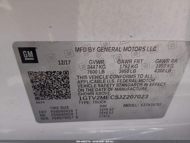 Продажа на аукционе авто 2018 Gmc Sierra 1500 Sle, vin: 1GTV2MEC5JZ207023, номер лота: 44982730