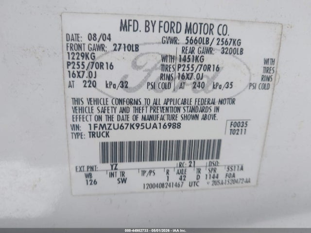Продажа на аукционе авто 2005 Ford Explorer Sport Trac Adrenalin/xls/xlt, vin: 1FMZU67K95UA16988, номер лота: 44982733