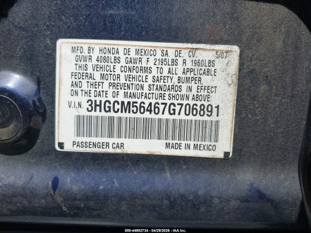 2007 Honda Accord 2.4 Lx მანქანა იყიდება აუქციონზე, vin: 3HGCM56467G706891, აუქციონის ნომერი: 44982734