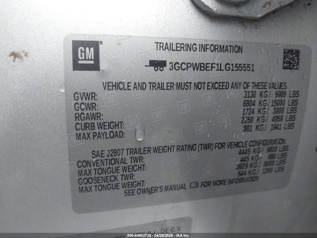 Продаж на аукціоні авто 2020 Chevrolet Silverado 1500 2wd  Short Bed Custom, vin: 3GCPWBEF1LG155551, номер лоту: 44982738