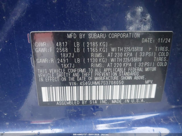 44982737 :رقم المزاد ، 4S4GUHM67S3708050 vin ، 2025 Subaru Crosstrek Limited مزاد بيع