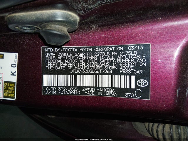 Aukcja sprzedaży 2013 Toyota Prius Three Se, vin: JTDKN3DU3D5617264, numer aukcji: 44982757