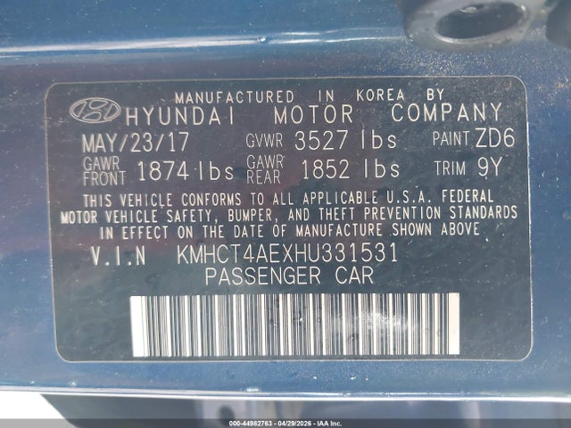 44982763 :رقم المزاد ، KMHCT4AEXHU331531 vin ، 2017 Hyundai Accent Value Edition مزاد بيع