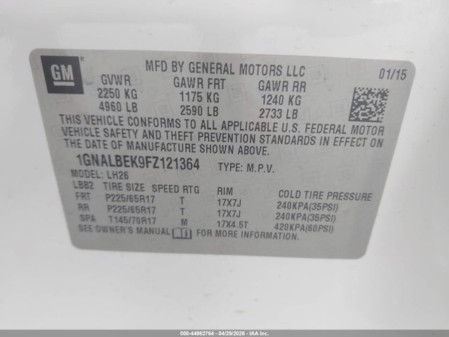 2015 Chevrolet Equinox 1lt მანქანა იყიდება აუქციონზე, vin: 1GNALBEK9FZ121364, აუქციონის ნომერი: 44982764