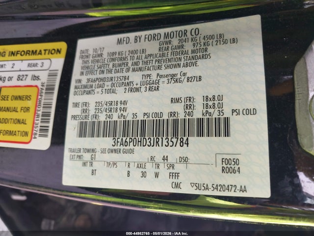 Aukcja sprzedaży 2018 Ford Fusion Se, vin: 3FA6P0HD3JR135784, numer aukcji: 44982765