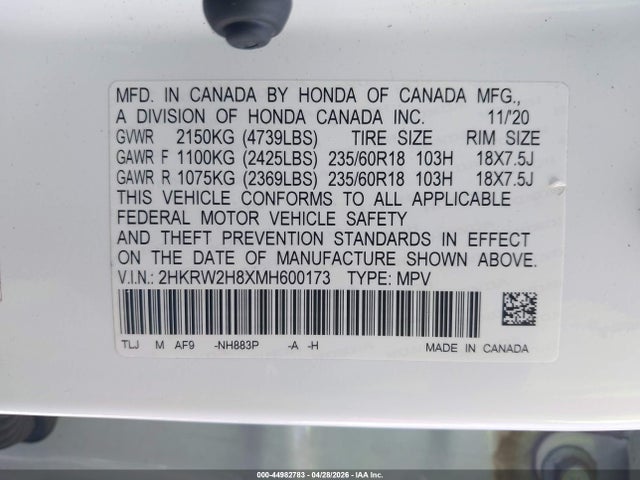 Aukcja sprzedaży 2021 Honda Cr-v Awd Ex-l, vin: 2HKRW2H8XMH600173, numer aukcji: 44982783