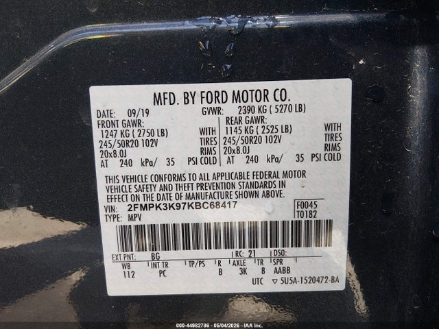 2019 Ford Edge Titanium მანქანა იყიდება აუქციონზე, vin: 2FMPK3K97KBC68417, აუქციონის ნომერი: 44982786