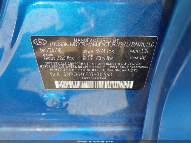 5NPD84LF8JH315568 Hyundai ELANTRA SEL