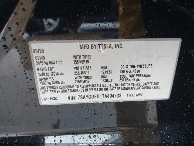 2026 Tesla Model Y Premium Rear-wheel Drive/standard Rear-wheel Drive მანქანა იყიდება აუქციონზე, vin: 7SAYGDED1TA494733, აუქციონის ნომერი: 44982796