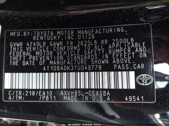 Toyota CAMRY SE 2026 4T1DBADK3TU049778 Image 9