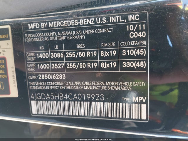 Продаж на аукціоні авто 2012 Mercedes-benz Ml 350 4matic, vin: 4JGDA5HB4CA019923, номер лоту: 44982815