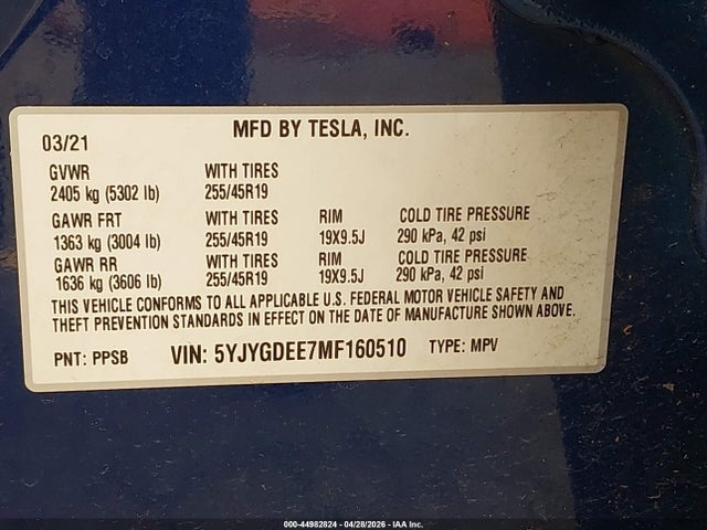 Aukcja sprzedaży 2021 Tesla Model Y Long Range Dual Motor All-wheel Drive, vin: 5YJYGDEE7MF160510, numer aukcji: 44982824
