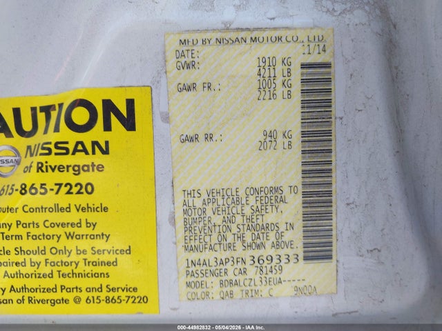 2015 Nissan Altima 2.5 S მანქანა იყიდება აუქციონზე, vin: 1N4AL3AP3FN369333, აუქციონის ნომერი: 44982832