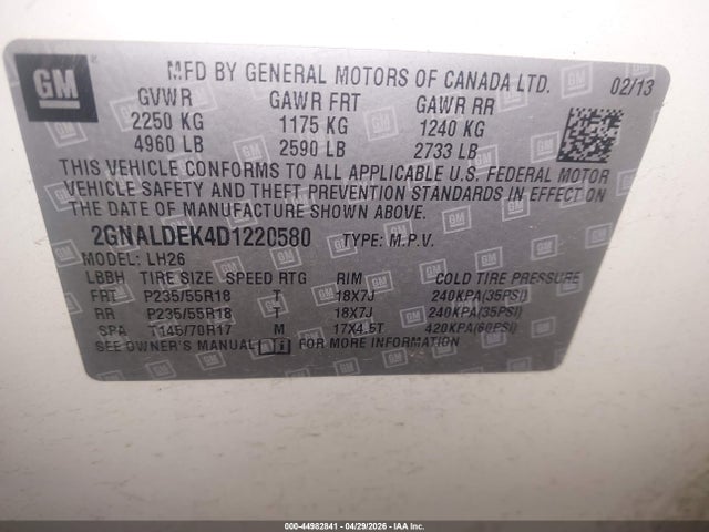 44982841 :رقم المزاد ، 2GNALDEK4D1220580 vin ، 2013 Chevrolet Equinox 1lt مزاد بيع