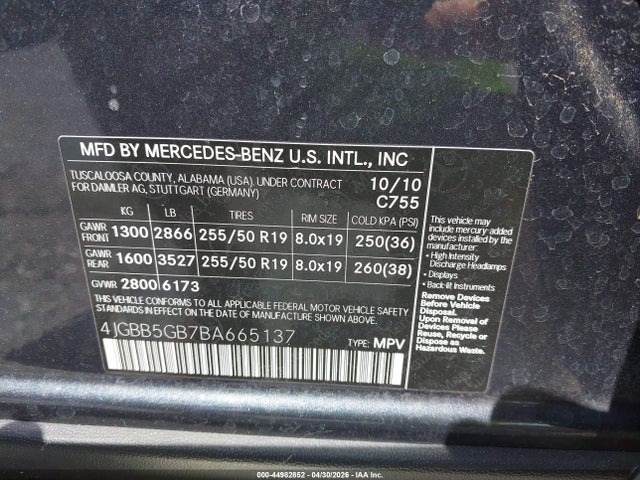 Продаж на аукціоні авто 2011 Mercedes-benz Ml 350, vin: 4JGBB5GB7BA665137, номер лоту: 44982852