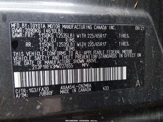 2T3P1RFV3MW227655 Toyota Rav4 Xle