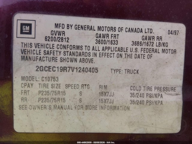 Продаж на аукціоні авто 1997 Chevrolet C1500 Fleetside, vin: 2GCEC19R7V1240405, номер лоту: 44982859