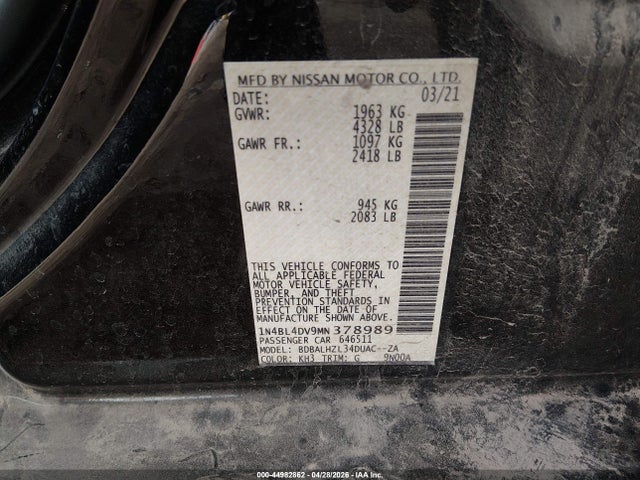 Продаж на аукціоні авто 2021 Nissan Altima Sv Fwd, vin: 1N4BL4DV9MN378989, номер лоту: 44982862